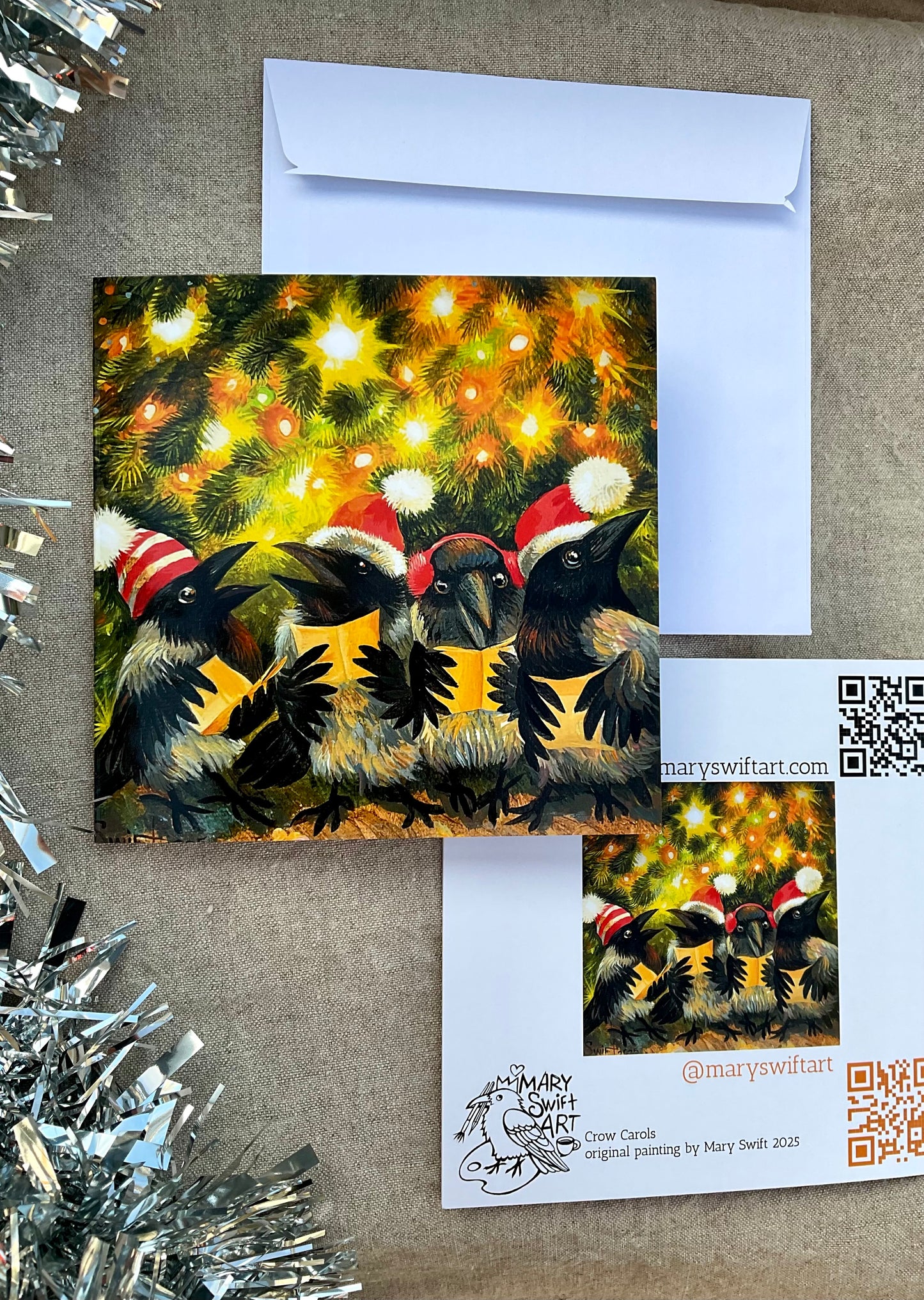 3 Christmas crows cards, free UK delivery