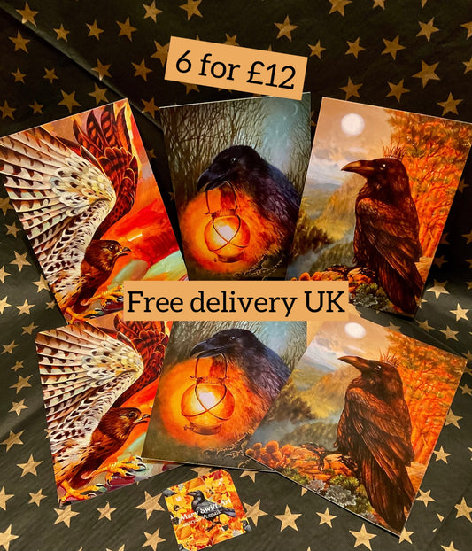 6 Royal Bird cards set : 2 Kestrel, 2 Raven with Lantern, 2 Crowned Raven
