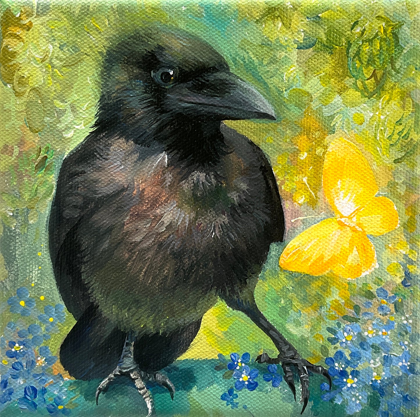 What is this? Crow baby is puzzled by the butterfly seen for the first time