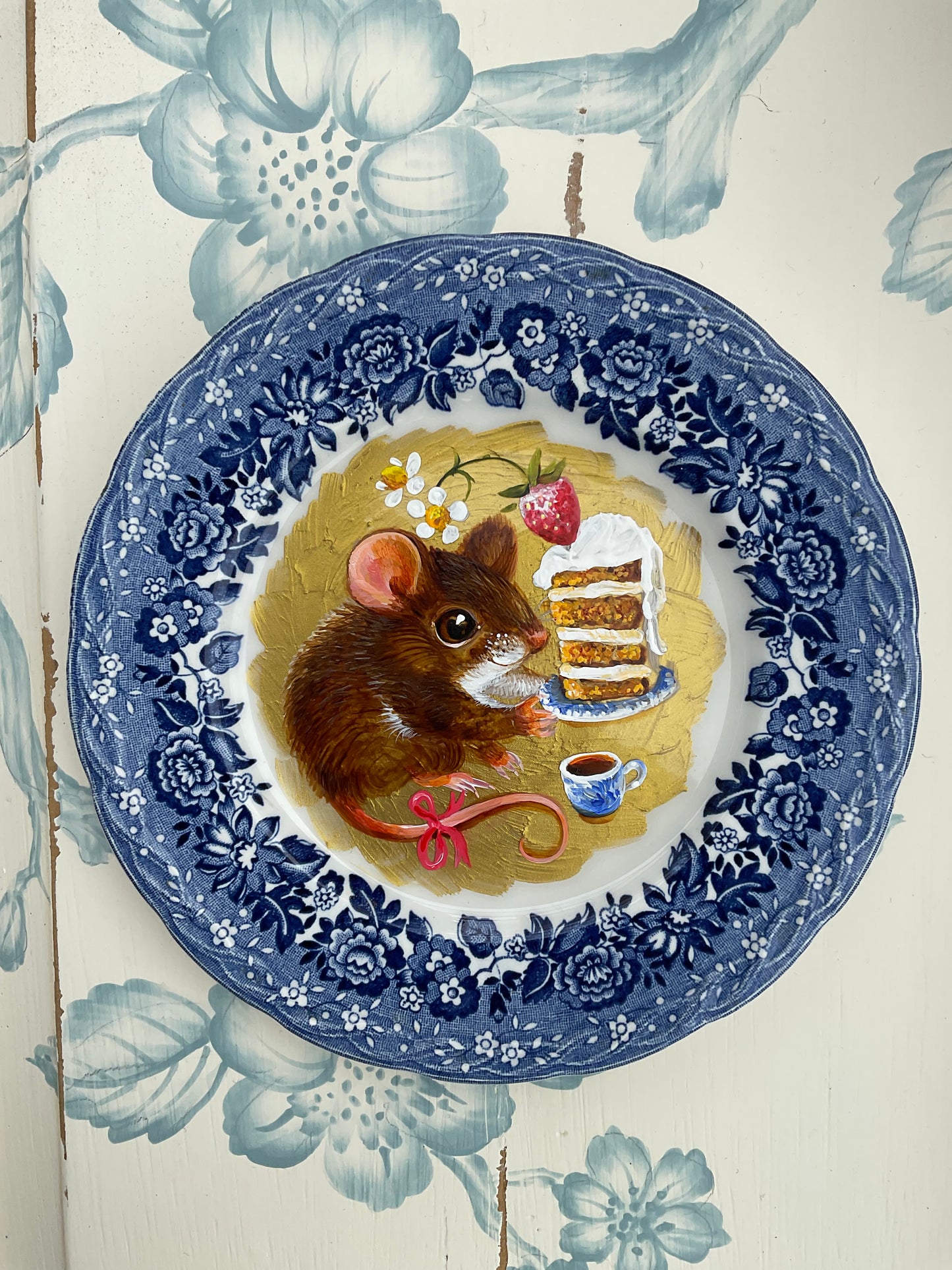 The Slice of Strawberry Cake, baby mouse, decorative saucer